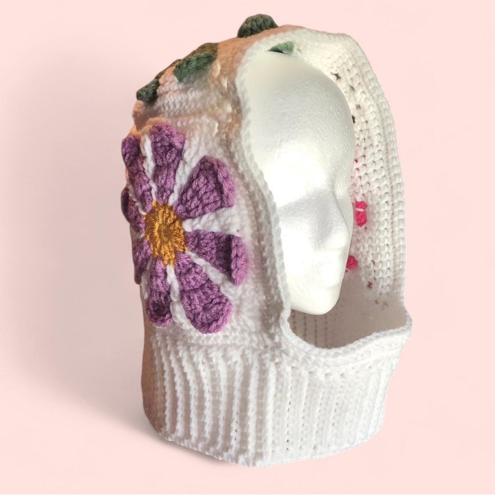 crochet white with multi flower granny square oversized balaclava HANDMADE